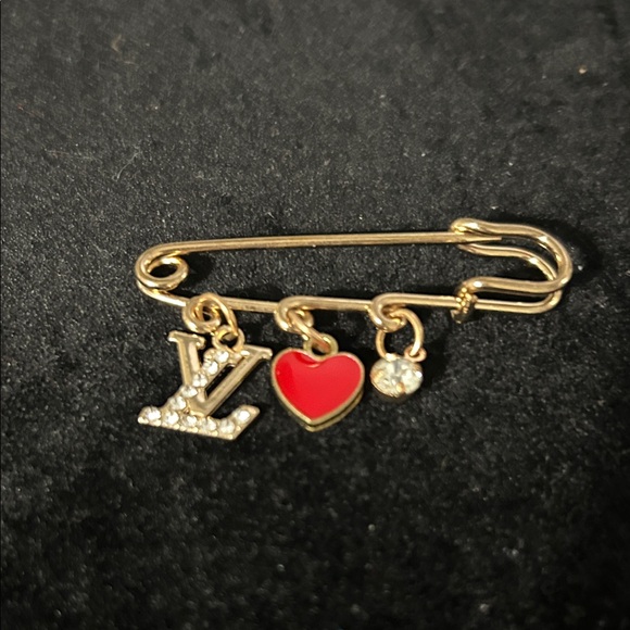 Jewelry - Gold Safety Pin Brooch with Red Heart and Crystal Charms